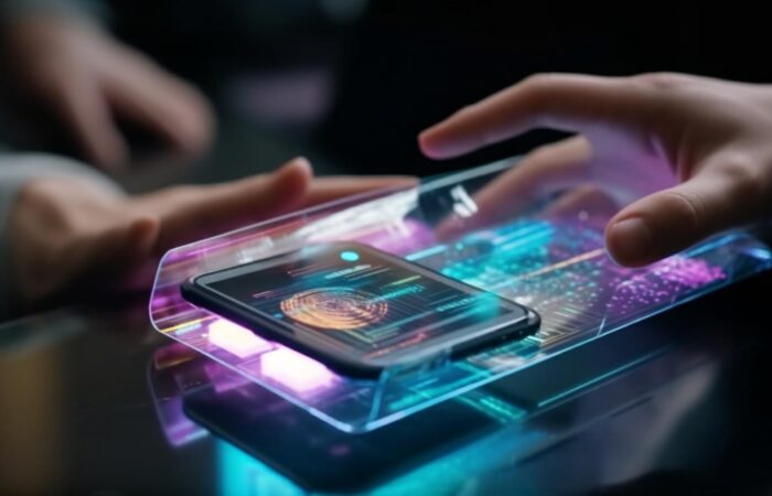 person holding phone with lit up display that says galaxy it min